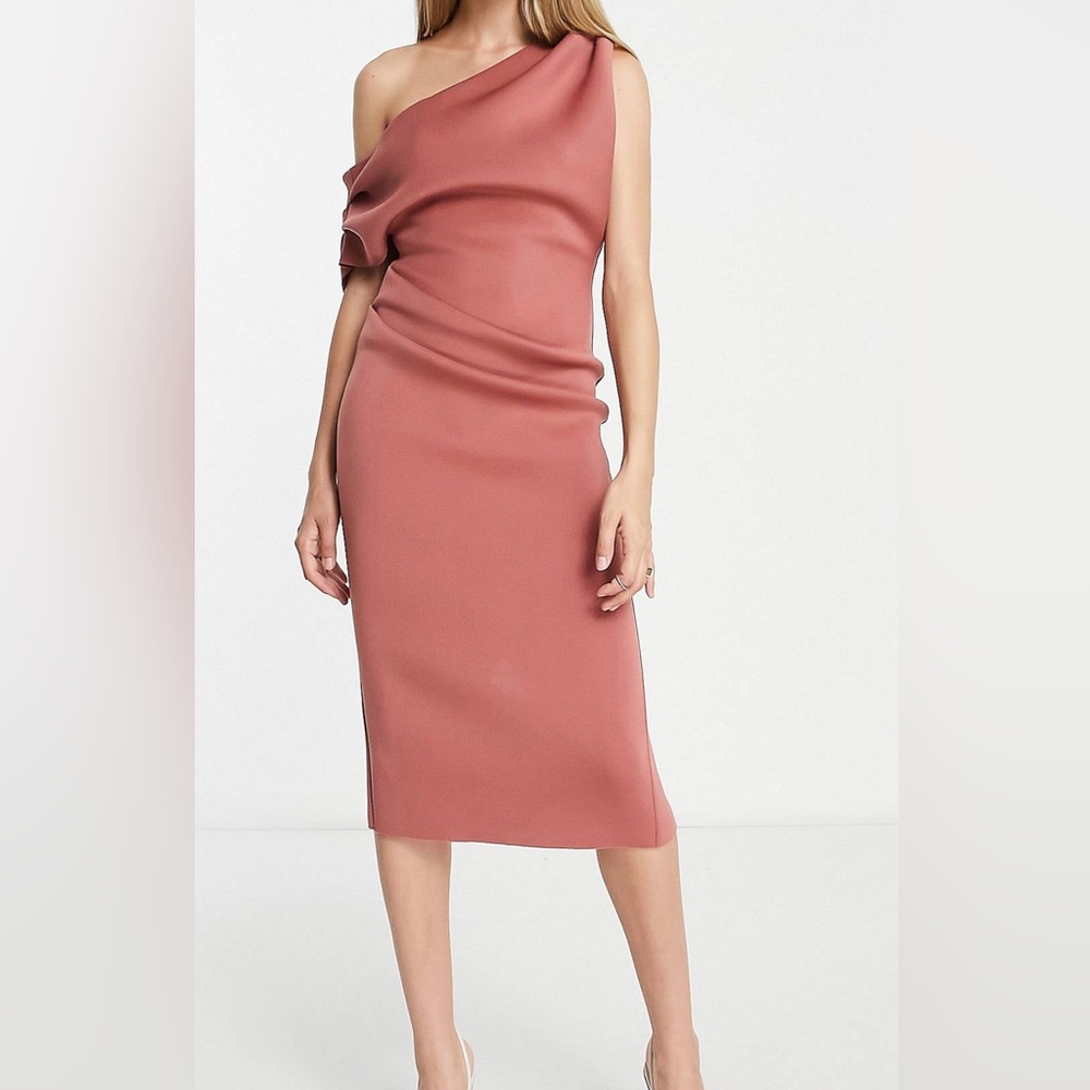 Asos Design Fallen Shoulder pleat back midi dress in rose (pink)